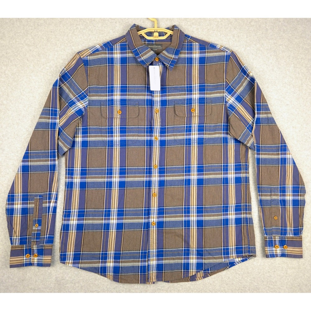 LL Bean Signature Castine Slim Fit Plaid Flannel Shirt Men's L Nut Brown Blue - Picture 2 of 7